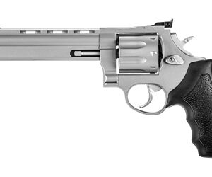 Side view of a silver revolver with a long barrel and black textured grip