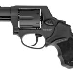 Compact black revolver with a short barrel and textured grip, shown in profile.