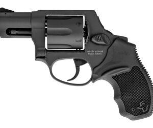 Compact black revolver with a short barrel and textured grip, shown in profile.