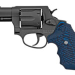 Side view of a compact revolver with a blue textured grip.
