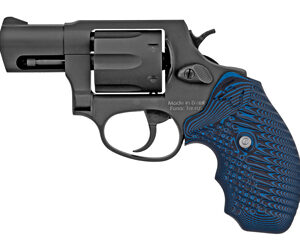 Side view of a compact revolver with a blue textured grip.
