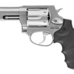 Silver revolver handgun with a black textured grip, shown from the side (left)