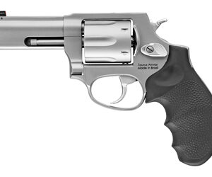 Silver revolver handgun with a black textured grip, shown from the side (left)