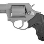 Silver revolver with a short barrel and black textured grip, shown from the left side.