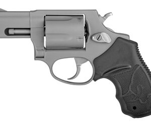 Silver revolver with a short barrel and black textured grip, shown from the left side.