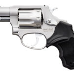 Side view of a silver revolver with a black textured grip and visible cylinder