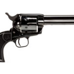 Single-action revolver pistol with a long silver barrel and black grip, shown in profile.