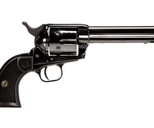 Single-action revolver pistol with a long silver barrel and black grip, shown in profile.