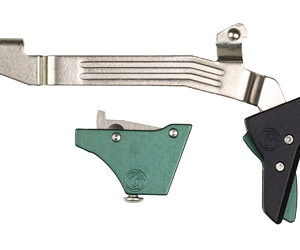 Disassembled bicycle brake lever and control hardware with green mounting pieces.