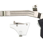 Three-part metal tool consisting of a long curved arm with a black handle and two small metal components.