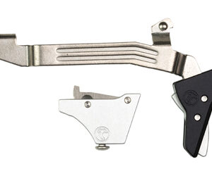 Three-part metal tool consisting of a long curved arm with a black handle and two small metal components.