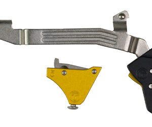 Long grooved silver lever with a yellow wedge and a black-yellow pivot block, part of mechanical hardware components.