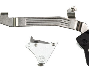 Two metal mechanical parts: a long curved silver lever with ridges and a black bracket with a white curved insert.