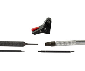 Set of electronics repair tools: black alligator clip with red tip, soldering iron handle with knurled grip, and four interchangeable tips laid out separately.