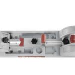 Top-down view of a metal woodworking hand plane with red handles and knobs, used to smooth and flatten wood.