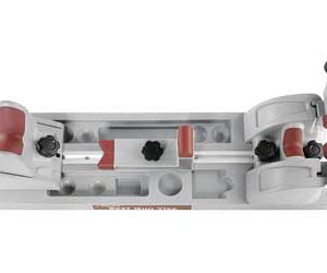 Top-down view of a metal woodworking hand plane with red handles and knobs, used to smooth and flatten wood.