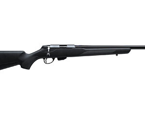 Bolt-action hunting rifle shown in profile with long barrel and black stock (left-facing).