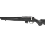Bolt-action hunting rifle with a long barrel and black synthetic stock, shown in profile.