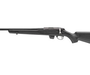 Bolt-action hunting rifle with a long barrel and black synthetic stock, shown in profile.