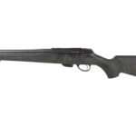 Bolt-action rifle with a long barrel and dark wood stock, shown in profile leftward.
