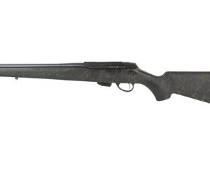 Bolt-action rifle with a long barrel and dark wood stock, shown in profile leftward.