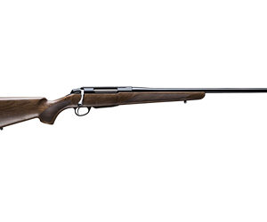 Bolt-action hunting rifle with a wooden stock and long steel barrel, shown in profile.