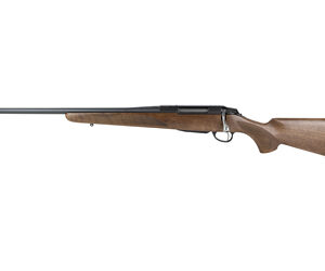 Bolt-action rifle with wooden stock and metal barrel shown in profile