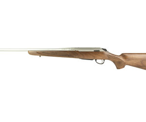 Bolt-action rifle with wooden stock and long barrel, shown in profile on a white background.