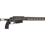 Modern precision rifle with an adjustable stock, long barrel, and modular chassis, shown lying on its side.