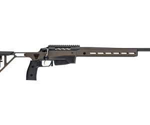 Modern precision rifle with an adjustable stock, long barrel, and modular chassis, shown lying on its side.