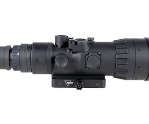 Black riflescope with large front lens, adjustment turrets, and a mounting base seen from the side