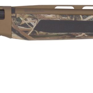 Camouflage-pattern shotgun with tan receiver, long barrel, and recoil pad, shown in profile
