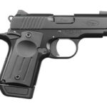 Black semi-automatic handgun shown in profile, with textured grip and trigger guard