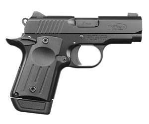 Black semi-automatic handgun shown in profile, with textured grip and trigger guard