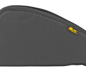 Grey padded handgun case with a zipper along the bottom edge used to store a pistol.