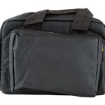 Black camera bag with a large front pocket, side zippers, and top carrying handles (for accessories and gear).