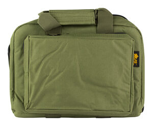 Olive green compact carry bag with a front zip pocket and dual top handles on a white background.