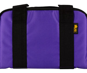 Purple rectangular carry bag with two black straps and a small yellow tag on the side.