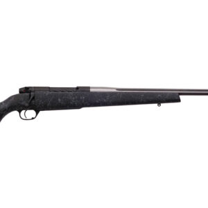 Bolt-action rifle with a black marble-pattern stock and long steel barrel.
