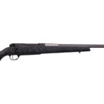 Bolt-action rifle with a black speckled stock and long stainless barrel, shown in profile