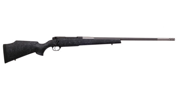 Bolt-action rifle with a black speckled stock and long stainless barrel, shown in profile