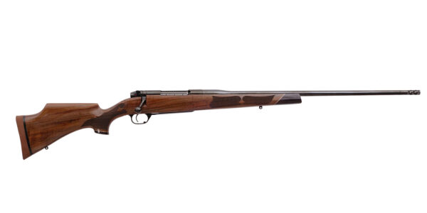 Bolt-action rifle with a polished wooden stock and long barrel against a white background.