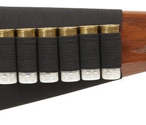 Shotgun stock with five shotgun shells in a black shell holder along the side.