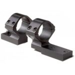 Pair of black rifle scope rings mounted on a base rail, for attaching a scope