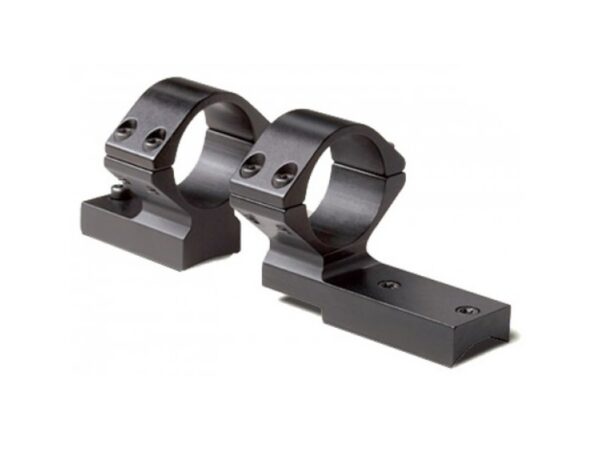 Pair of black rifle scope rings mounted on a base rail, for attaching a scope