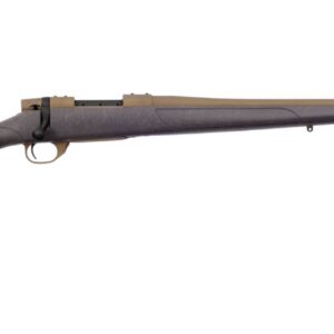 Bolt-action rifle with dark stock and long brown barrel in side profile