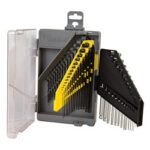 Open plastic bit-set case with yellow-bit holders and assorted screwdriver bits inside.