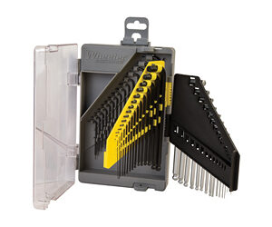 Open plastic bit-set case with yellow-bit holders and assorted screwdriver bits inside.