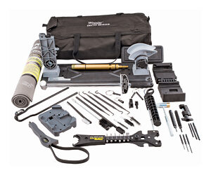 Complete DIY toolkit laid out on a white background, showing a carrying case, drill bits, wrenches, pliers, and a caulking gun.