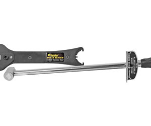 Long torque wrench with a forked adjustable jaw on the left and a black rubber grip on the right, laid out horizontally.